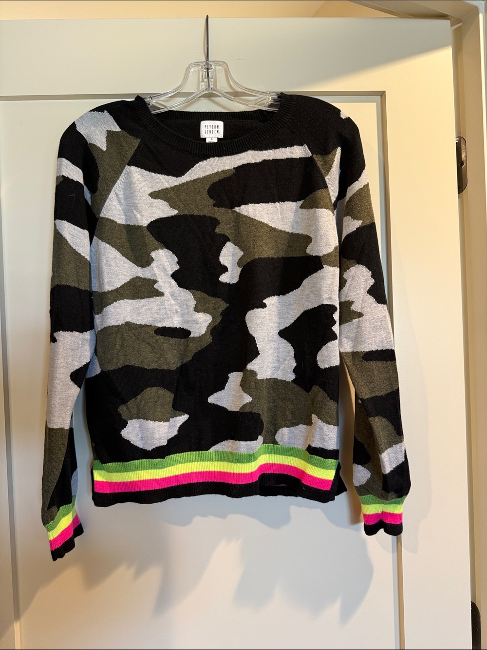 Peyton Jensen neon trimmed camo cotton blend sweater worn once